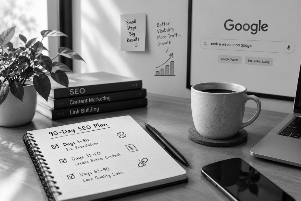 Black and white SEO workspace showing a 90-day SEO plan to rank a website on Google through technical SEO, better content, and quality backlinks.