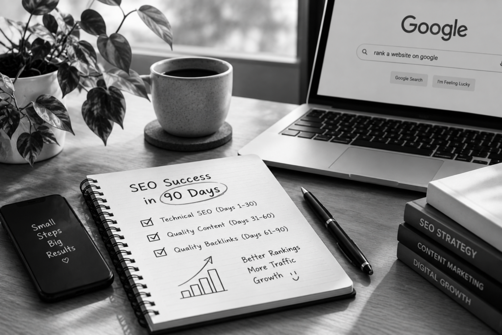 Black and white SEO workspace showing a 90-day SEO plan to rank a website on Google through technical SEO, better content, and quality backlinks.